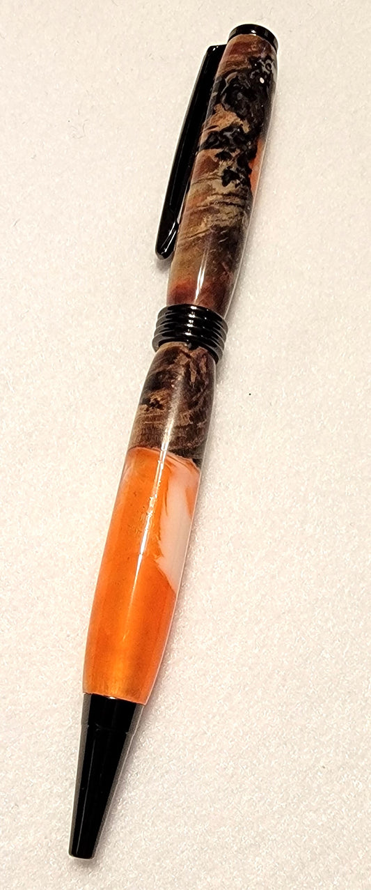Burl Wood and Orange Acrylic Hybrid Pen